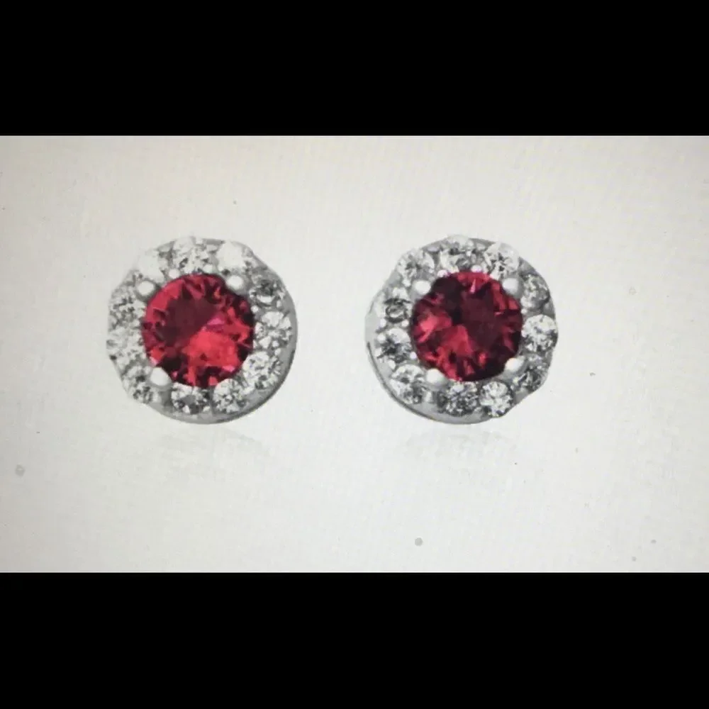 Sparkling Ruby & White Topaz Round Halo Earrings